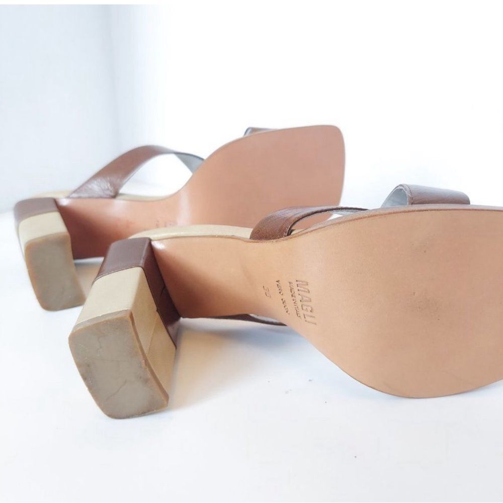 Bruno Magli Two-Tone Brown and Cream Crisscross Block Heel Mules - Picture 7 of 7